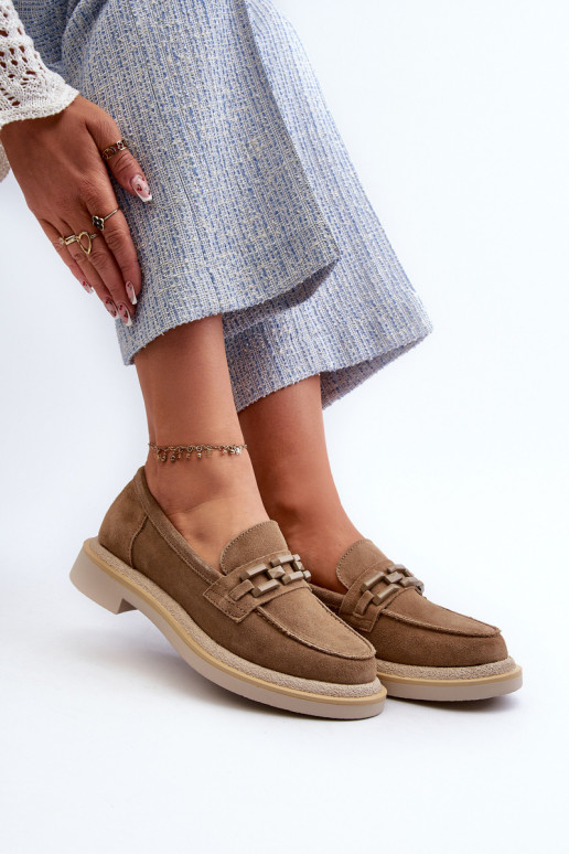 Dámské semišové mokasíny na ploché podrážce s ozdobou D&A TW101 hnědé