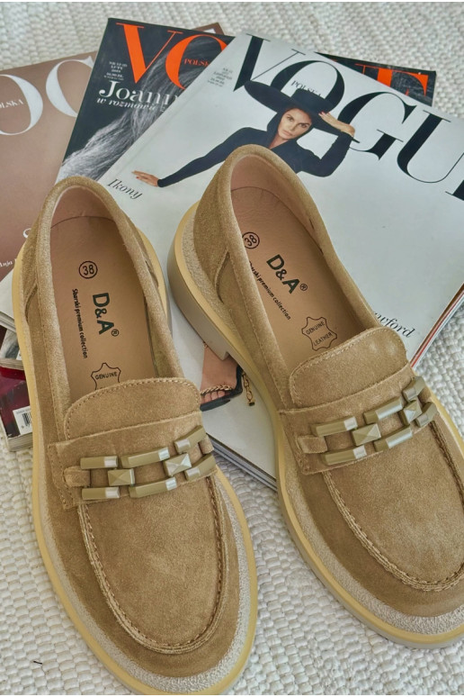 Dámské semišové mokasíny na ploché podrážce s ozdobou D&A TW101 hnědé