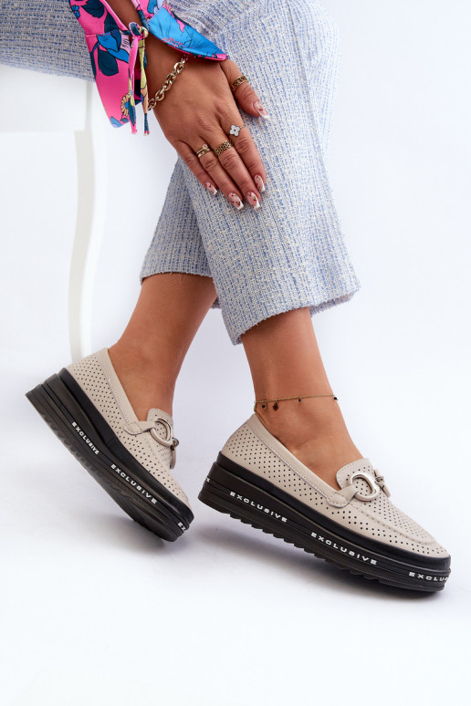 Dámské kožené mokasíny na platformě s ozdobou S.Barski LR750 béžové