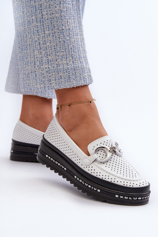 [Dámské kožené mokasíny na platformě s ozdobou S.Barski LR750 bílé]