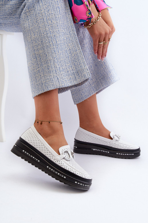 [Dámské kožené mokasíny na platformě s ozdobou S.Barski LR750 bílé]