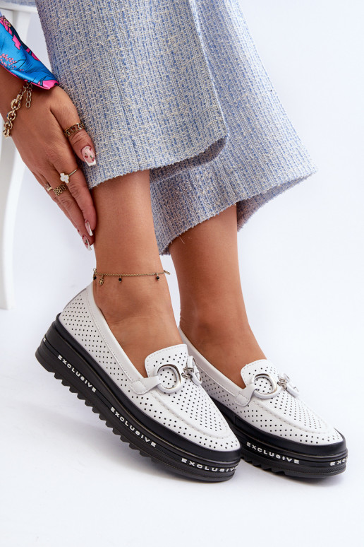 [Dámské kožené mokasíny na platformě s ozdobou S.Barski LR750 bílé]