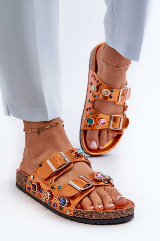 Ozdobené dámské žabky s přezkami S.Barski MY121 oranžové