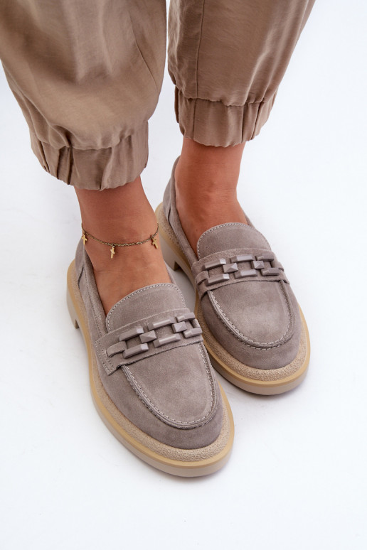 Dámské semišové mokasíny na plochém podpatku s ozdobou D&A TW101 Šedé