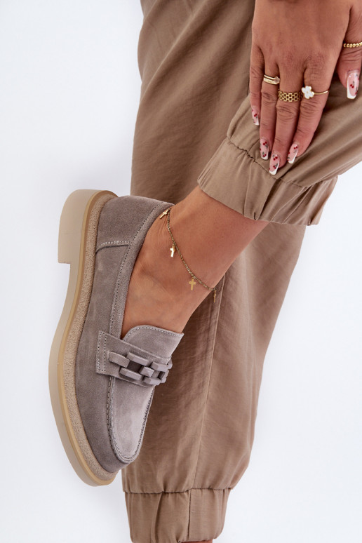 Dámské semišové mokasíny na plochém podpatku s ozdobou D&A TW101 Šedé