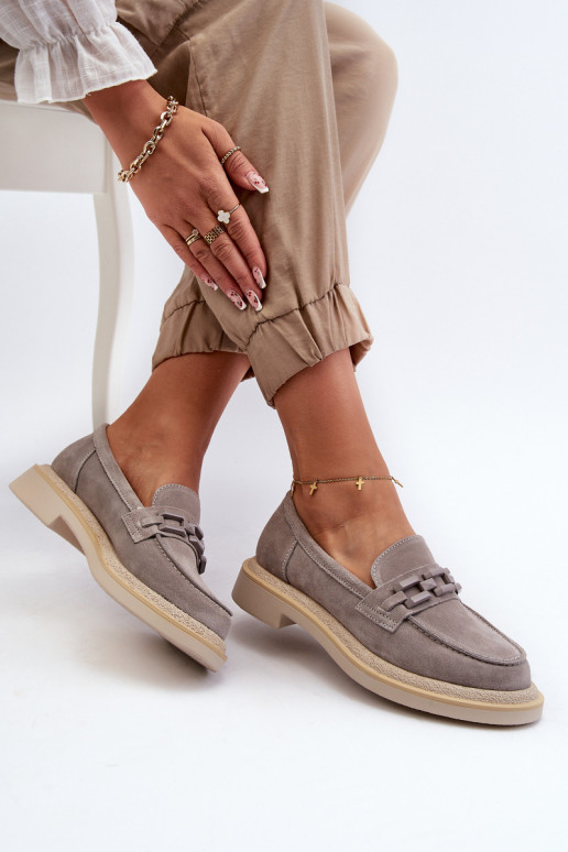 Dámské semišové mokasíny na plochém podpatku s ozdobou D&A TW101 Šedé