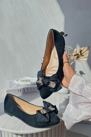 Dámské ekosuede baleríny s mašlí a broží, černé Satris 2