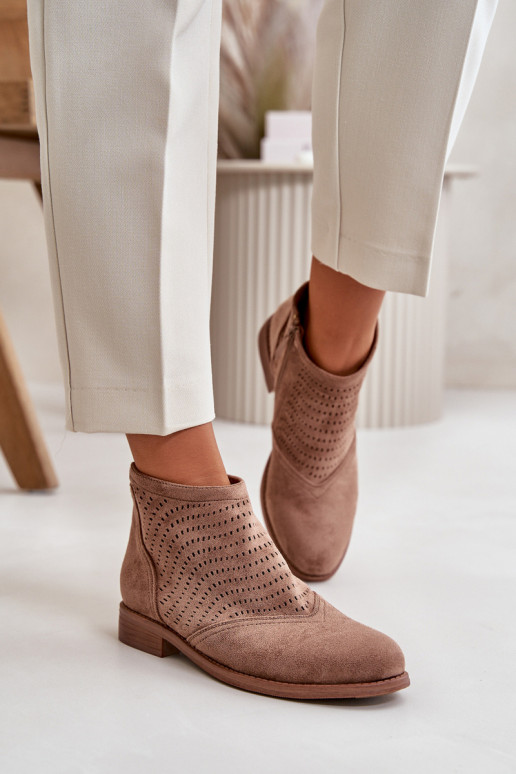 Dámské Botky Na Plochém Podpatku Perforované Hnědé S.Barski HY42-076 Dámské Botky Na Plochém Podpatku Perforované Hnědé S.Barski HY42-076