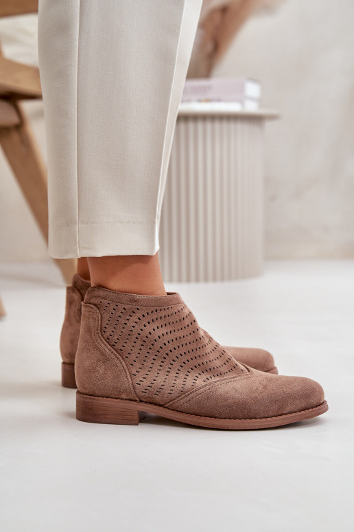 Dámské Botky Na Plochém Podpatku Perforované Hnědé S.Barski HY42-076 Dámské Botky Na Plochém Podpatku Perforované Hnědé S.Barski HY42-076