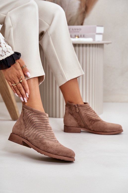 Dámské Botky Na Plochém Podpatku Perforované Hnědé S.Barski HY42-076 Dámské Botky Na Plochém Podpatku Perforované Hnědé S.Barski HY42-076