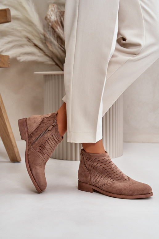 Dámské Botky Na Plochém Podpatku Perforované Hnědé S.Barski HY42-076 Dámské Botky Na Plochém Podpatku Perforované Hnědé S.Barski HY42-076