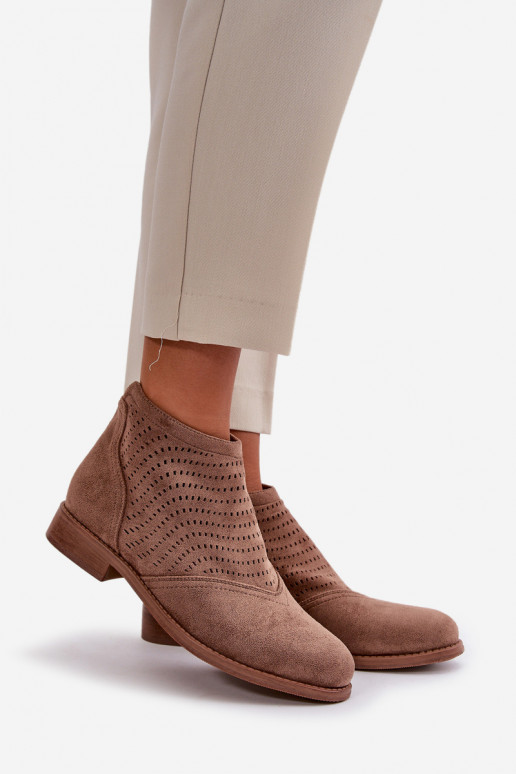 Dámské Botky Na Plochém Podpatku Perforované Hnědé S.Barski HY42-076 Dámské Botky Na Plochém Podpatku Perforované Hnědé S.Barski HY42-076
