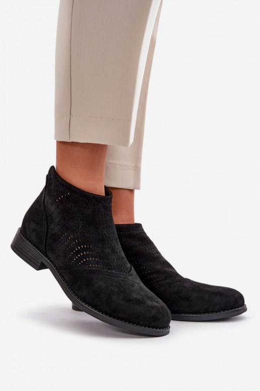 Dámské Boty Na Plochém Podpatku Vyřezávané Černé S.Barski HY42-076 Dámské Boty Na Plochém Podpatku Vyřezávané Černé S.Barski HY42-076