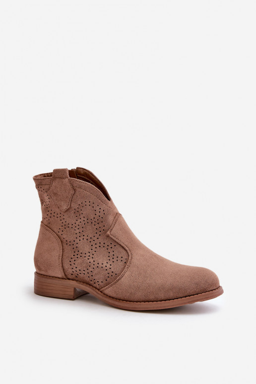 Dámské Ažurové Botky Na Plochém Podpatku Hnědé S.Barski HY42-151 Dámské Ažurové Botky Na Plochém Podpatku Hnědé S.Barski HY42-151