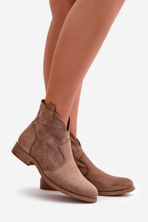 Dámské Ažurové Botky Na Plochém Podpatku Hnědé S.Barski HY42-151 Dámské Ažurové Botky Na Plochém Podpatku Hnědé S.Barski HY42-151
