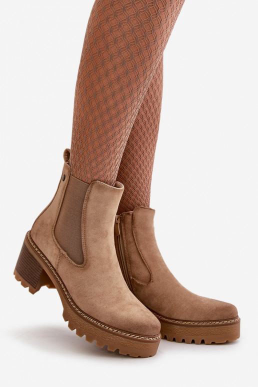 Dámské Botky Zateplené Na Podpatku Eko Semišové Béžové Irissinae