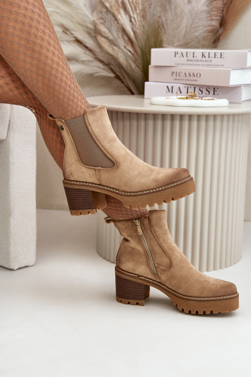 Dámské Botky Zateplené Na Podpatku Eko Semišové Béžové Irissinae