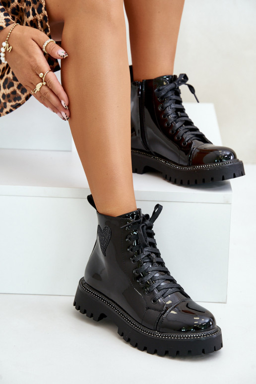 Lakované Boty Na Zip S Dekorativním Srdcem Černé Obeena Lakované Boty Na Zip S Dekorativním Srdcem Černé Obeena