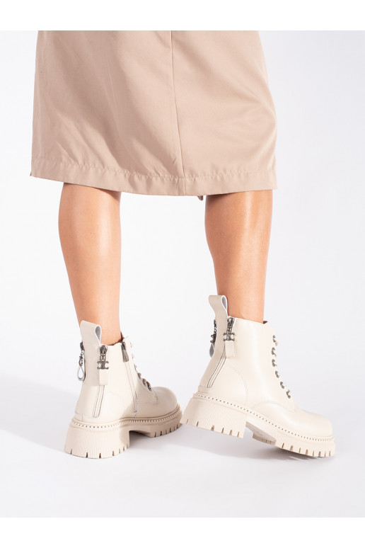 Kožené béžové dámské kotníkové boty na vázání