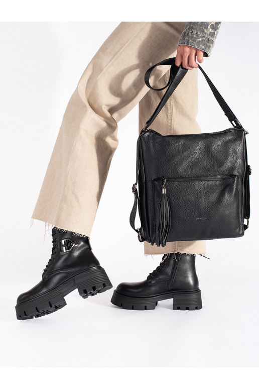 Černá dámská taška typu batoh s třásněmi