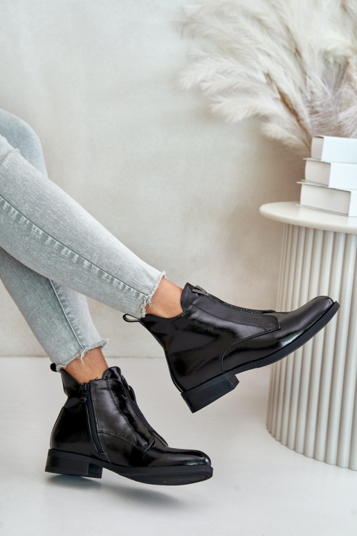 Lakované Nízké Boty Dámské Na Plochém Podpatku Zateplené Černé S.Barski HY42-120 Černé Lakované Nízké Boty Dámské Na Plochém Podpatku Zateplené Černé S.Barski HY42-120 Černé