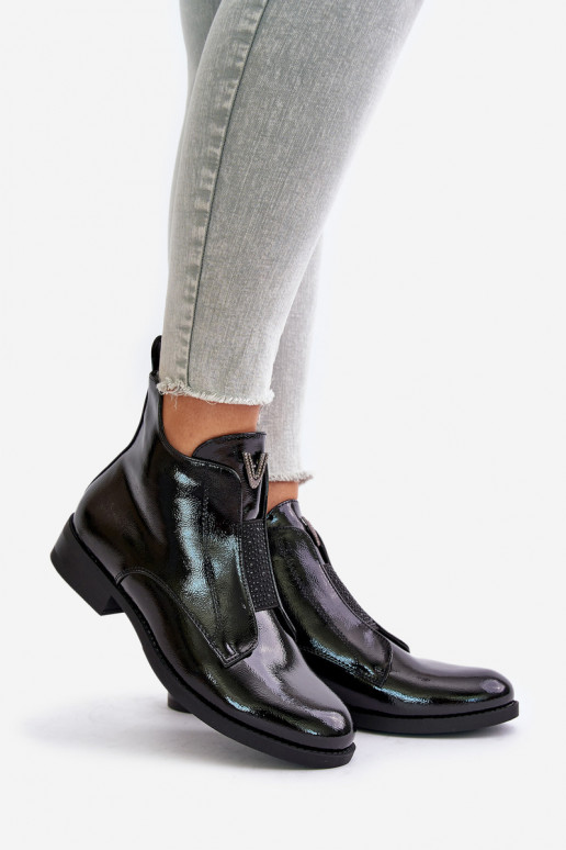 Lakované Nízké Boty Dámské Na Plochém Podpatku Zateplené Černé S.Barski HY42-120 Černé Lakované Nízké Boty Dámské Na Plochém Podpatku Zateplené Černé S.Barski HY42-120 Černé