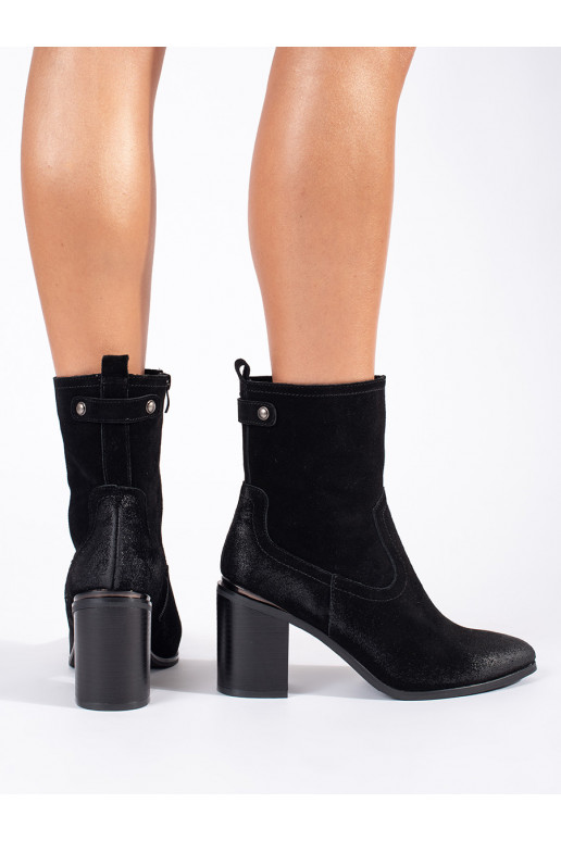 Černé kožené dámské kotníkové boty na sloupku Sergio Leone