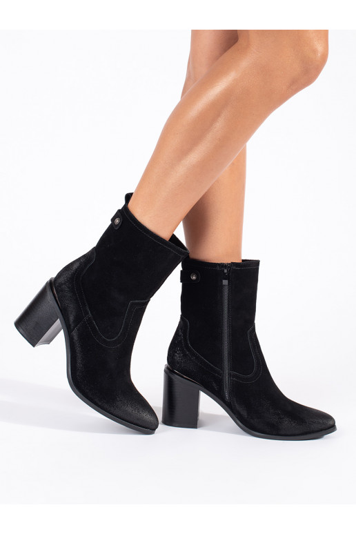Černé kožené dámské kotníkové boty na sloupku Sergio Leone