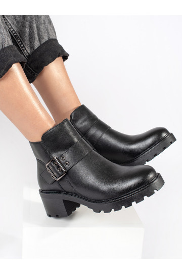 Černé kožené dámské kotníkové boty na podpatku s ozdobnou sponou Sergio Leone
