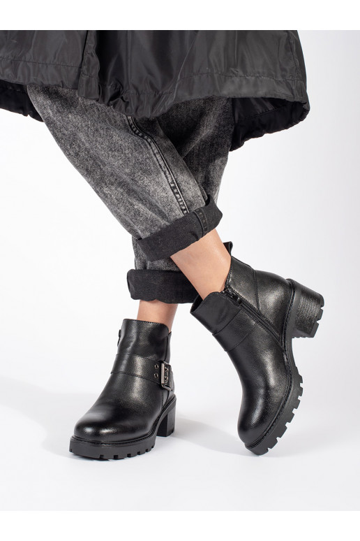 Černé kožené dámské kotníkové boty na podpatku s ozdobnou sponou Sergio Leone