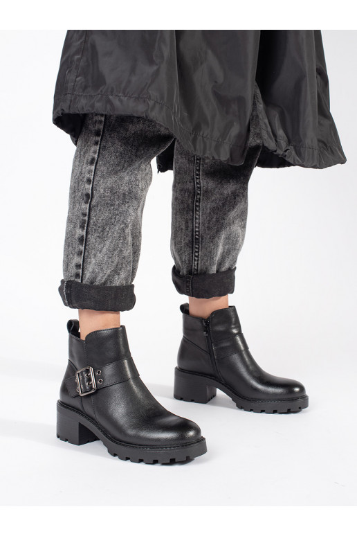 Černé kožené dámské kotníkové boty na podpatku s ozdobnou sponou Sergio Leone