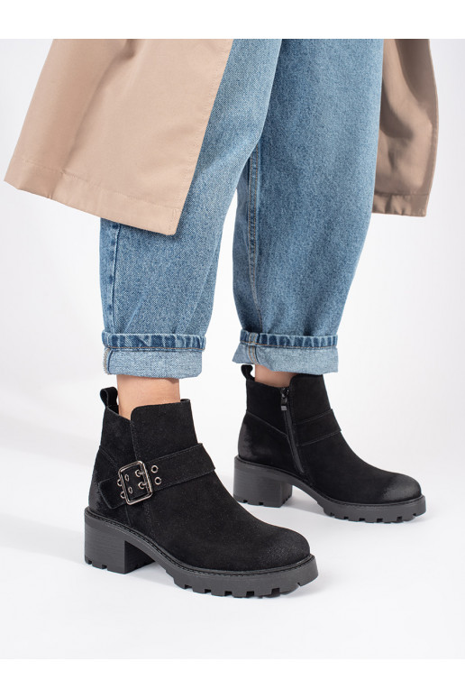 Černé dámské kotníkové boty na podpatku z přírodní kůže nubuk s ozdobnou sponou Sergio Leone