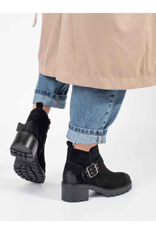 Černé dámské kotníkové boty na podpatku z přírodní kůže nubuk s ozdobnou sponou Sergio Leone