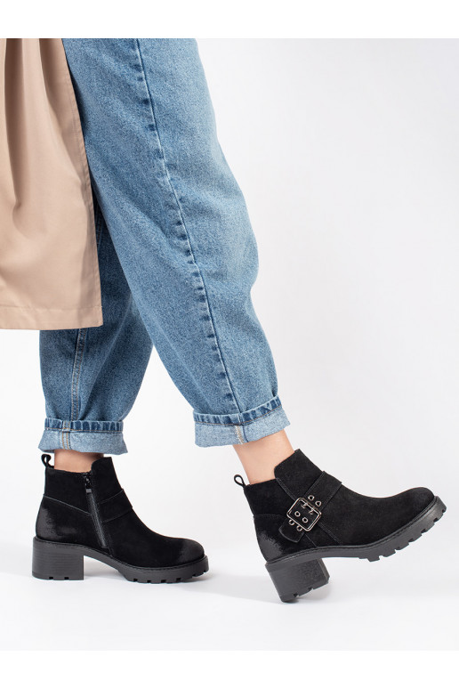 Černé dámské kotníkové boty na podpatku z přírodní kůže nubuk s ozdobnou sponou Sergio Leone