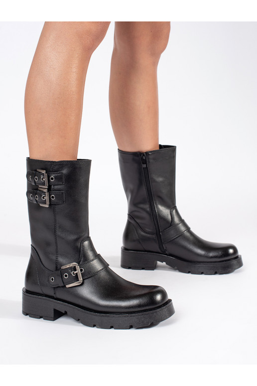 Černé kožené dámské kotníkové boty na platformě zdobené řemínky Sergio Leone