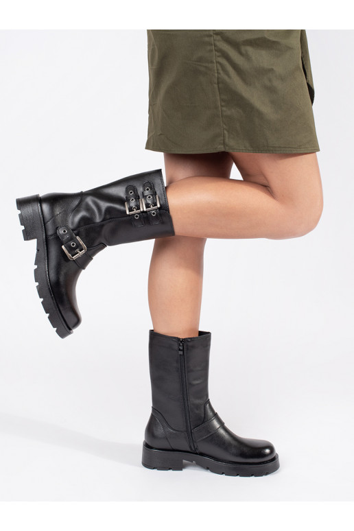 Černé kožené dámské kotníkové boty na platformě zdobené řemínky Sergio Leone