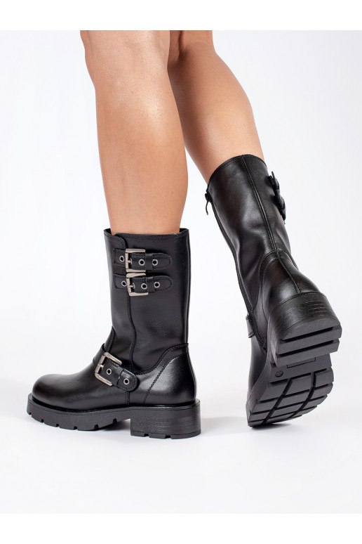 Černé kožené dámské kotníkové boty na platformě zdobené řemínky Sergio Leone