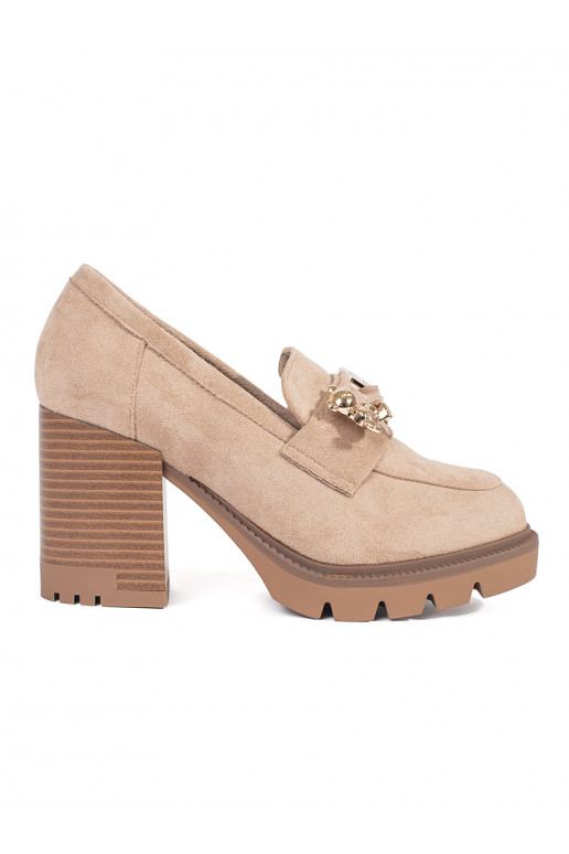 Béžové dámské semišové polobotky na podpatku s kovovou ozdobou