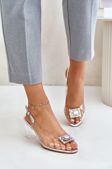 Průhledné sandály s broží na sloupku MR42-031 stříbrné 2