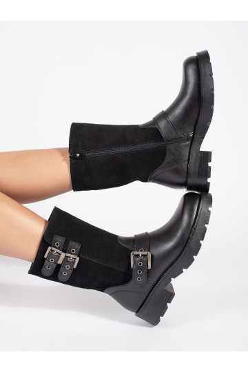 Černé kožené dámské kotníkové boty na platformě zdobené řemínky Sergio Leone