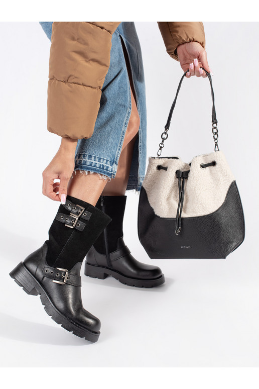 Černé kožené dámské kotníkové boty na platformě zdobené řemínky Sergio Leone