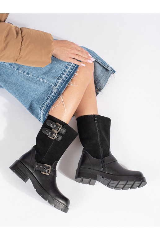 Černé kožené dámské kotníkové boty na platformě zdobené řemínky Sergio Leone