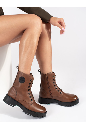 Hnědé šněrovací kožené dámské kotníkové boty na platformě Sergio Leone