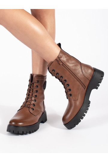 Hnědé šněrovací kožené dámské kotníkové boty na platformě Sergio Leone 2