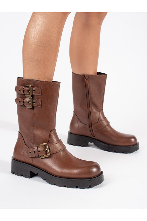 Hnědé kožené dámské kotníkové boty na platformě zdobené řemínky Sergio Leone