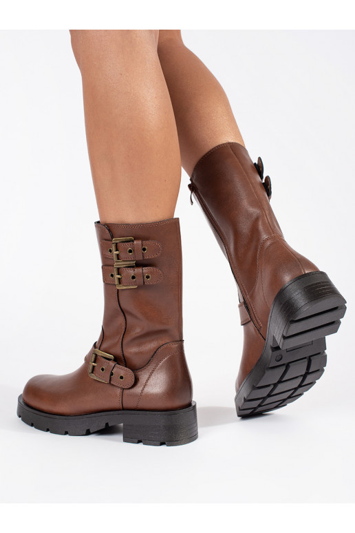 Hnědé kožené dámské kotníkové boty na platformě zdobené řemínky Sergio Leone