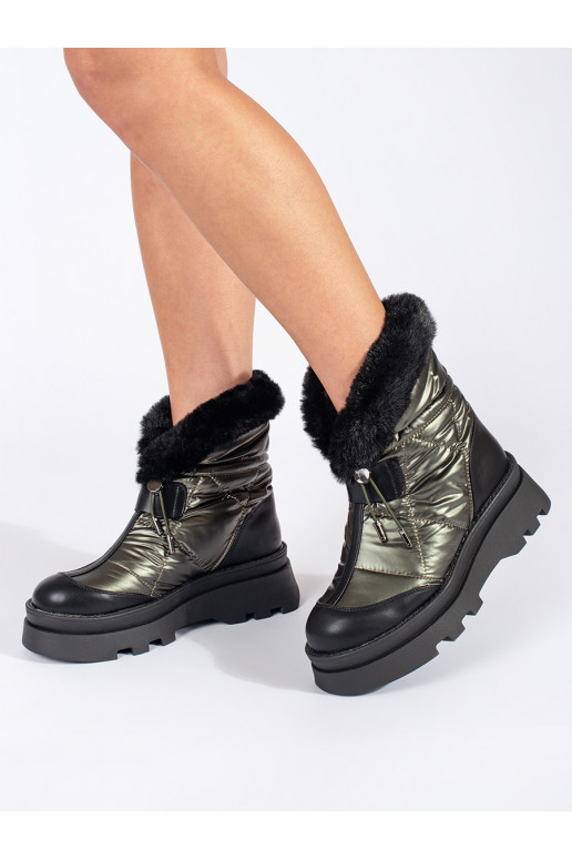 Zelené dámské sněhule s černou kožešinou na platformě