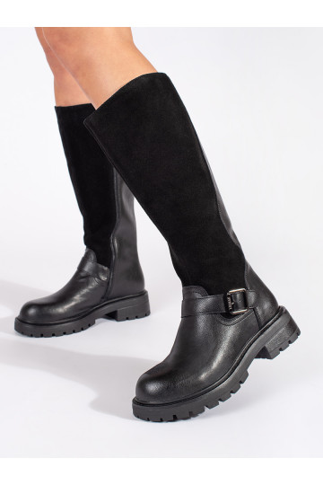 Černé kožené dámské kozačky oficírky na platformě Sergio Leone 2