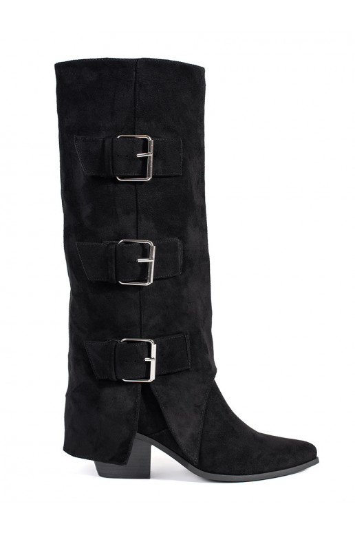 Černé dámské semišové kozačky na sloupku s přezkami