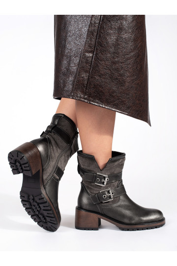 Tmavě hnědé kotníkové boty dámské na podpatku se sponou 2
